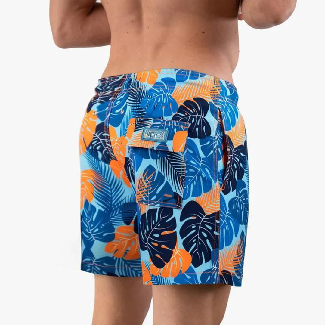 Herren Badeshorts mit Innenfutter – Schnelltrocknende Badehose mit Palmenprint & integrierter Kompressionshose