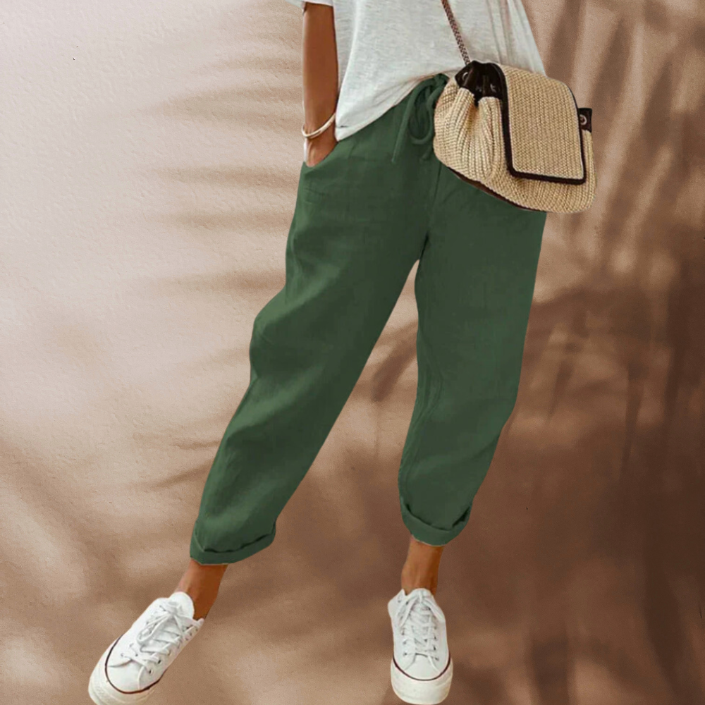 Damen Leinenhose mit Gummibund & Taschen – Locker geschnittene Sommerhose für Alltag, Urlaub & Freizeitlook