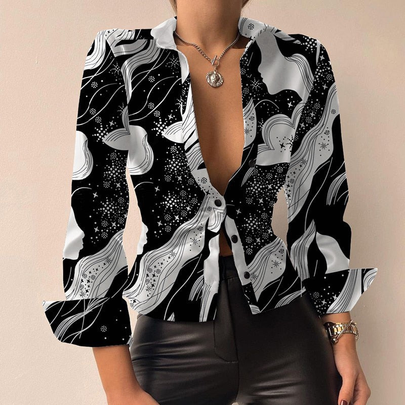 Aurélie - V-Ausschnitt PU-Leder bedruckt Langarm Patchwork-Bluse