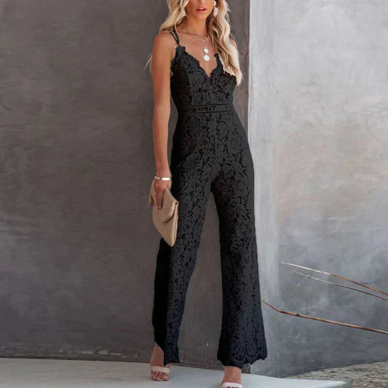 Eleganter Spitzen-Jumpsuit mit V-Ausschnitt & Spaghettiträgern – Figurbetonter Einteiler für Hochzeit, Event & Sommer