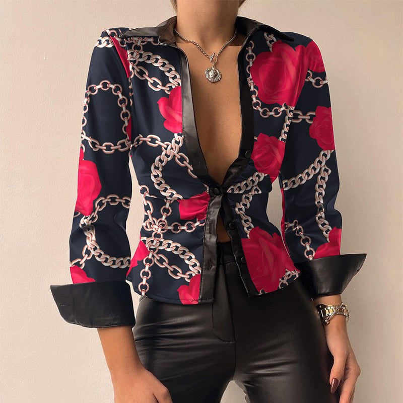 Aurélie - V-Ausschnitt PU-Leder bedruckt Langarm Patchwork-Bluse