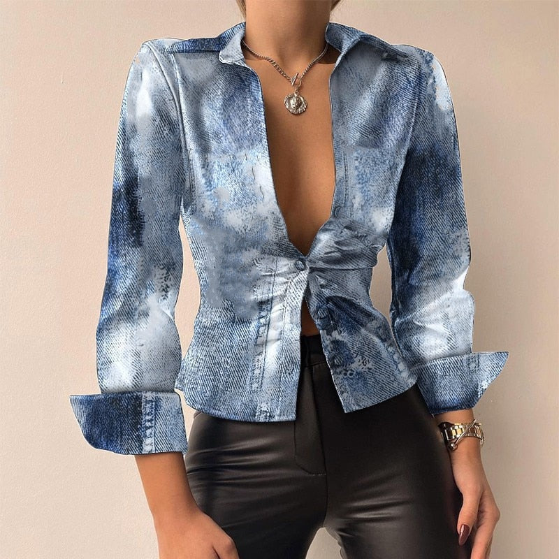 Aurélie - V-Ausschnitt PU-Leder bedruckt Langarm Patchwork-Bluse