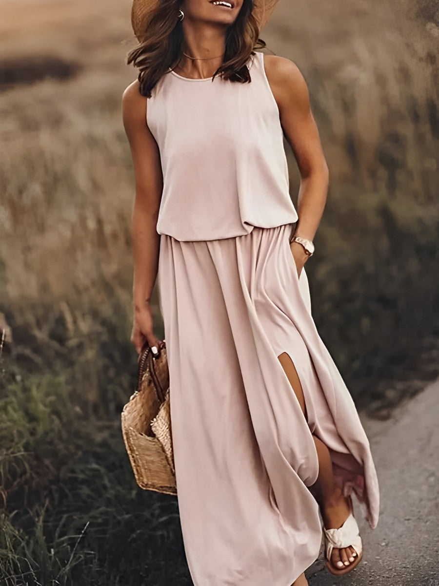 Ärmelloses Maxikleid mit Schlitz & Taillenstretch – Sommer Boho-Look