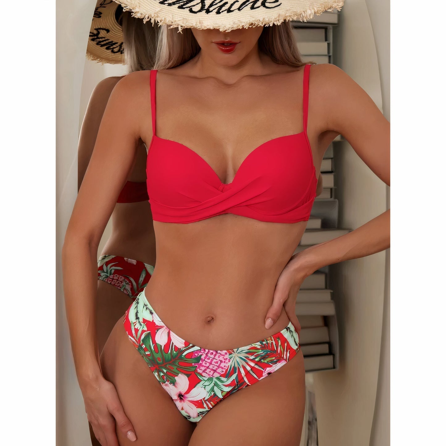 3-teiliges Damen Bikini-Set mit Tropenmuster – Inklusive Cardigan, Bikini Top & Hose für Sommer & Strand