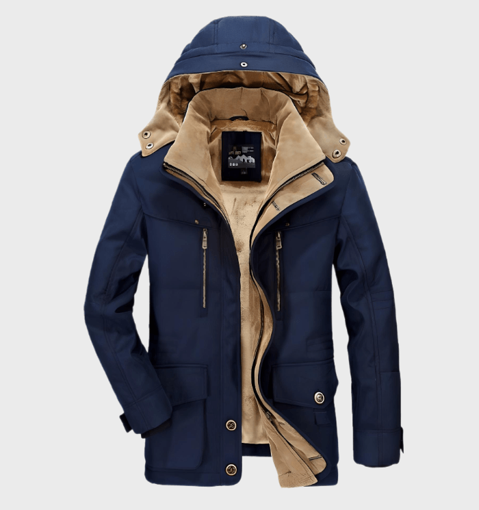 Dicke Winterjacke für Herren mit Kapuze und tiefen Taschen