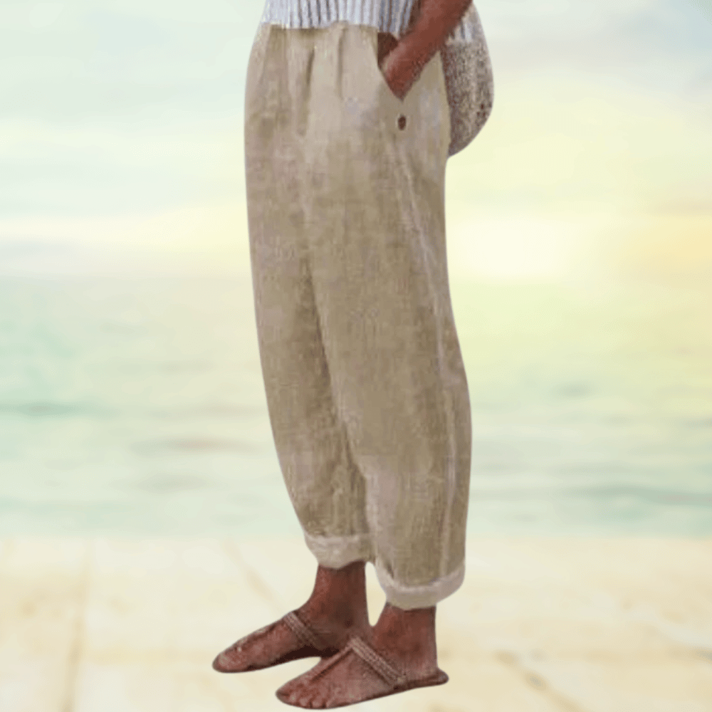 Locker geschnittene Leinenhose für Damen – Sommerhose mit Elastikbund & Taschen für Freizeit, Urlaub & Strand