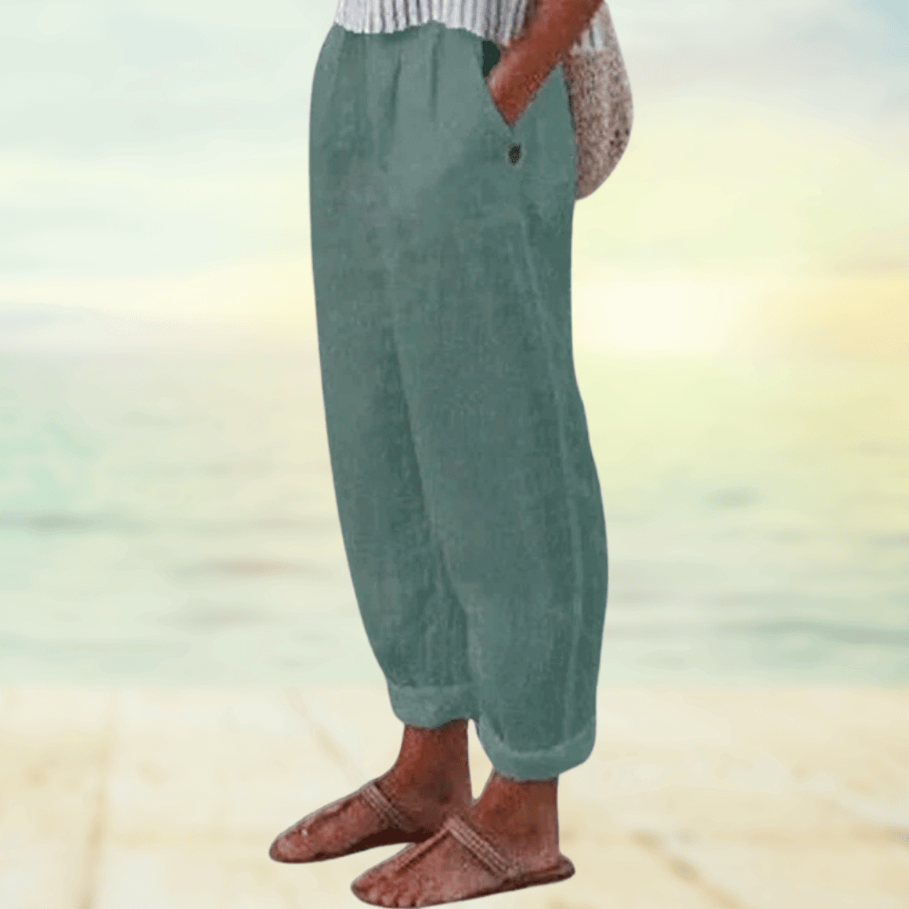 Locker geschnittene Leinenhose für Damen – Sommerhose mit Elastikbund & Taschen für Freizeit, Urlaub & Strand
