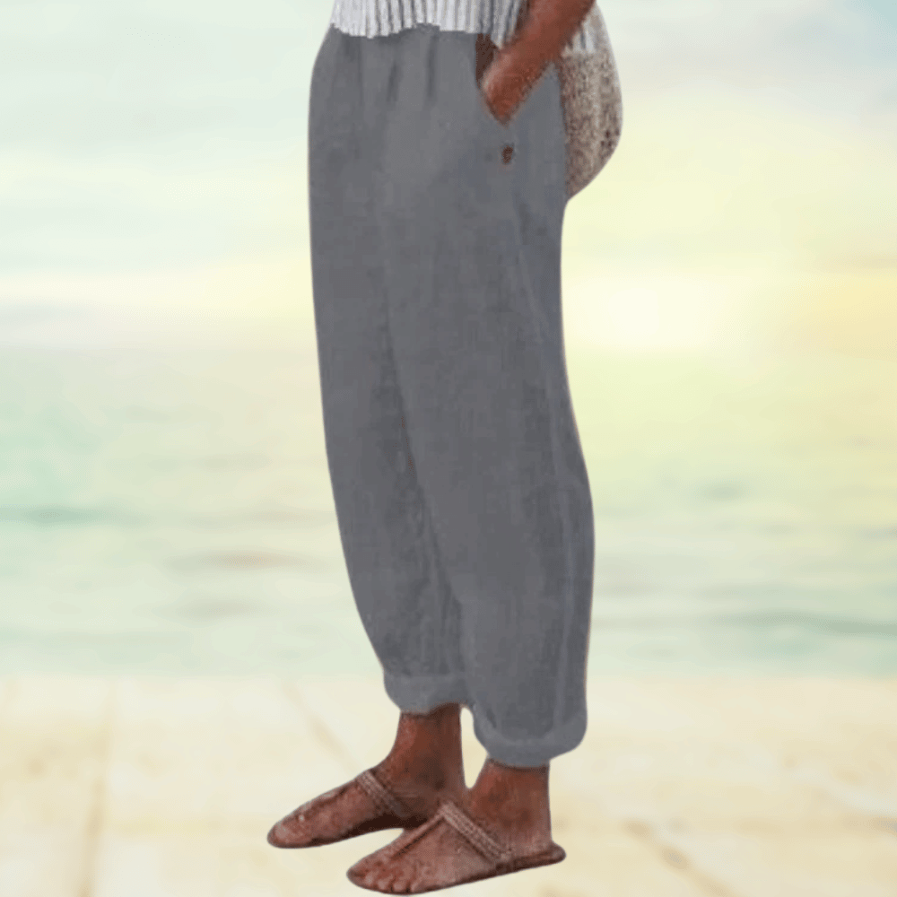 Locker geschnittene Leinenhose für Damen – Sommerhose mit Elastikbund & Taschen für Freizeit, Urlaub & Strand
