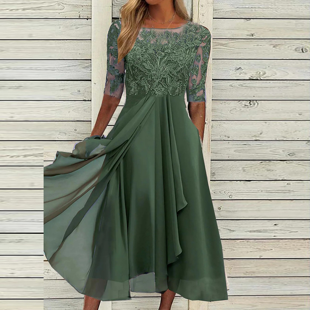 Elegantes festliches Abendkleid für Damen mit floraler Spitze, halbtransparenten Ärmeln und fließendem Chiffonrock in Midilänge
