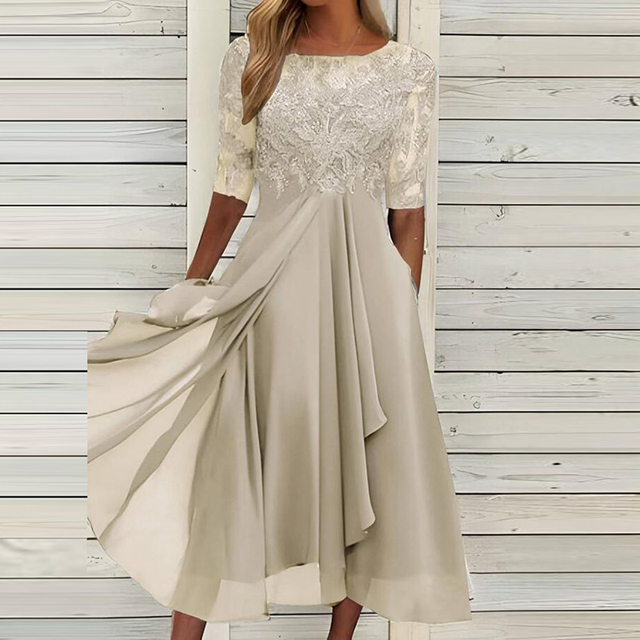 Elegantes festliches Abendkleid für Damen mit floraler Spitze, halbtransparenten Ärmeln und fließendem Chiffonrock in Midilänge