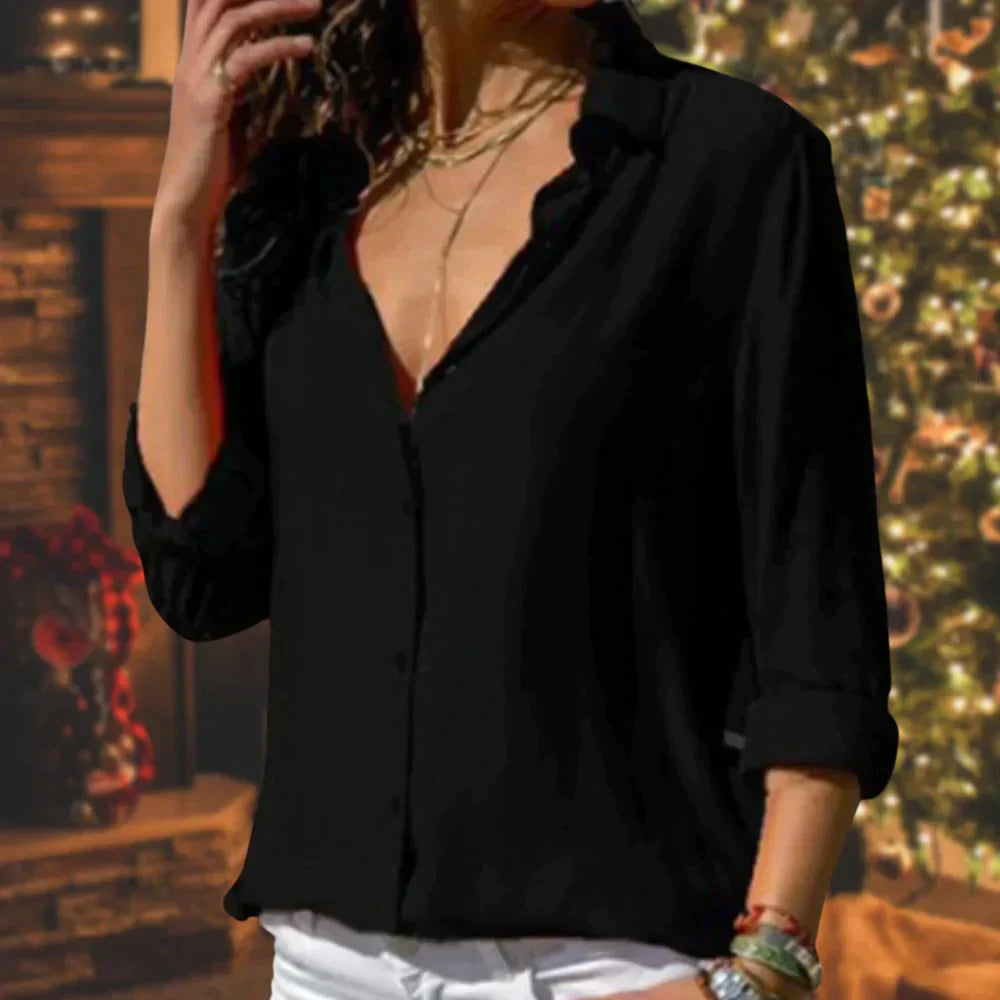 Weiße Damenbluse mit V-Ausschnitt – Elegante Hemdbluse für Büro & Freizeit