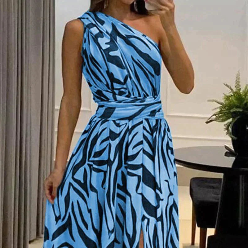 Elegantes One-Shoulder Maxikleid mit Zebra-Print & Beinschlitz – Für besondere Anlässe