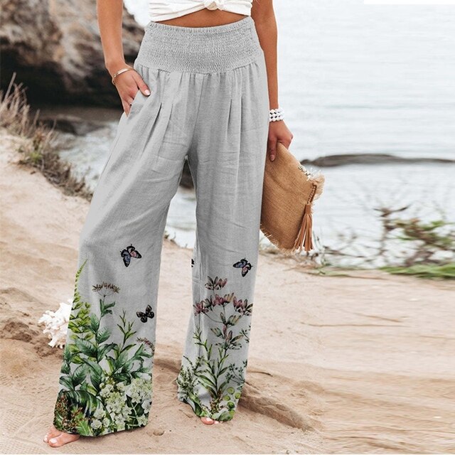 Luftige Palazzo Damenhose mit Boho Blumenmuster und elastischem Bund – Ideal für Sommer, Strand & Alltag