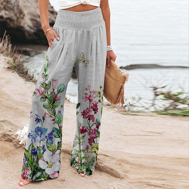 Luftige Palazzo Damenhose mit Boho Blumenmuster und elastischem Bund – Ideal für Sommer, Strand & Alltag
