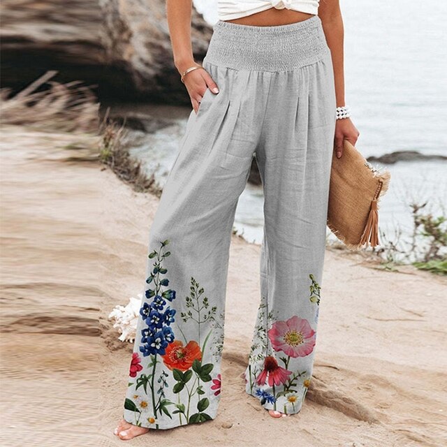 Luftige Palazzo Damenhose mit Boho Blumenmuster und elastischem Bund – Ideal für Sommer, Strand & Alltag