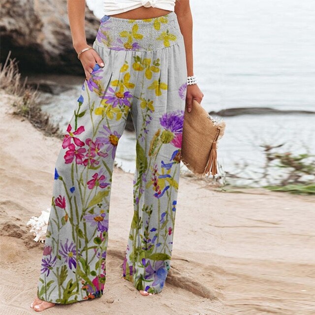 Luftige Palazzo Damenhose mit Boho Blumenmuster und elastischem Bund – Ideal für Sommer, Strand & Alltag