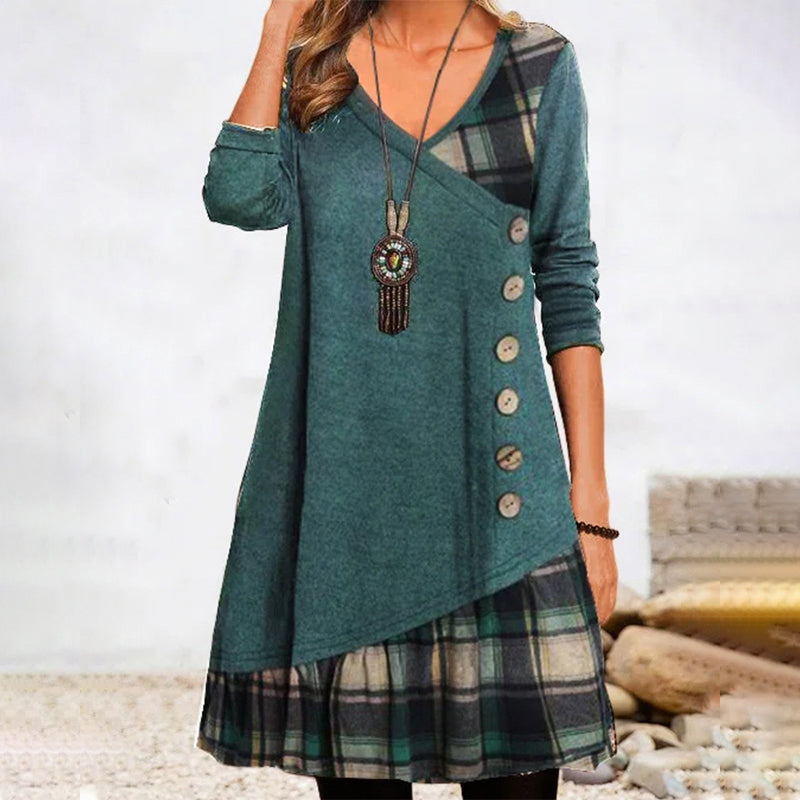 Asymmetrisches V‑Ausschnitt Tunika‑Kleid mit Knopf-Detail und Karomuster – Damen Freizeitkleid