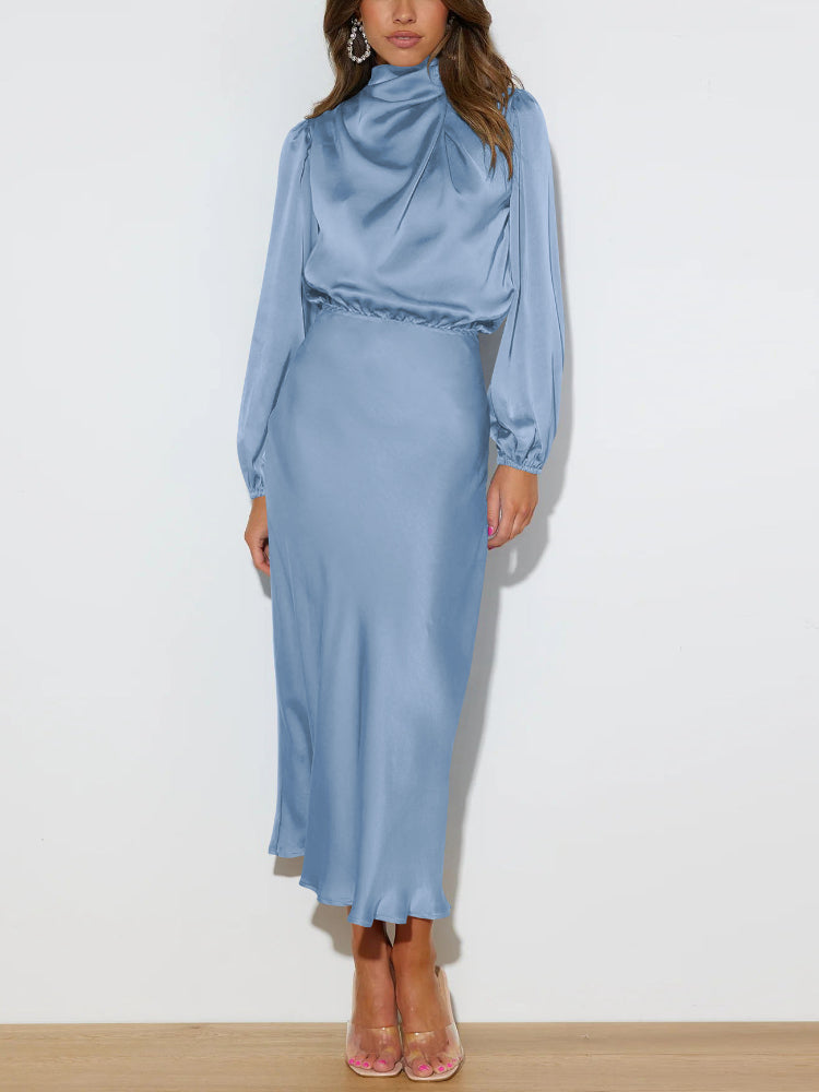 Elegantes Satin Midikleid mit Stehkragen – festliches Kleid mit langen Ärmeln