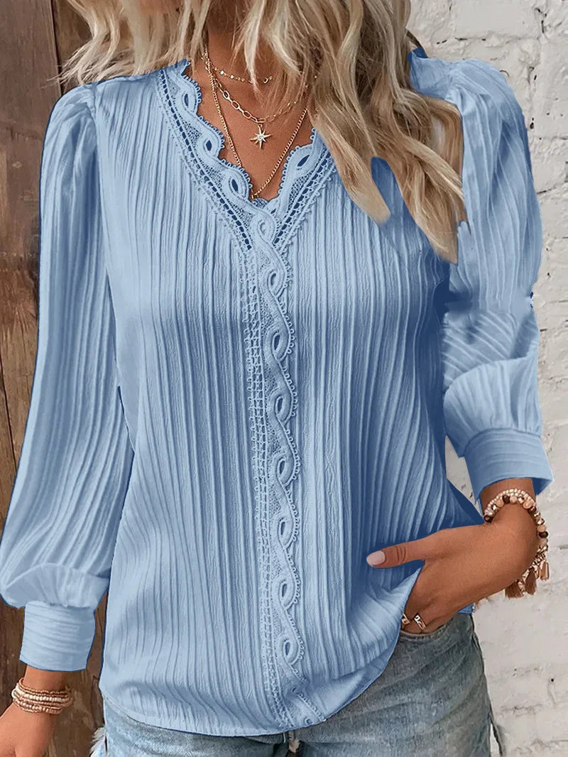 Damenbluse mit Spitze & V-Ausschnitt – Elegant & Luftig für Alltag und Büro