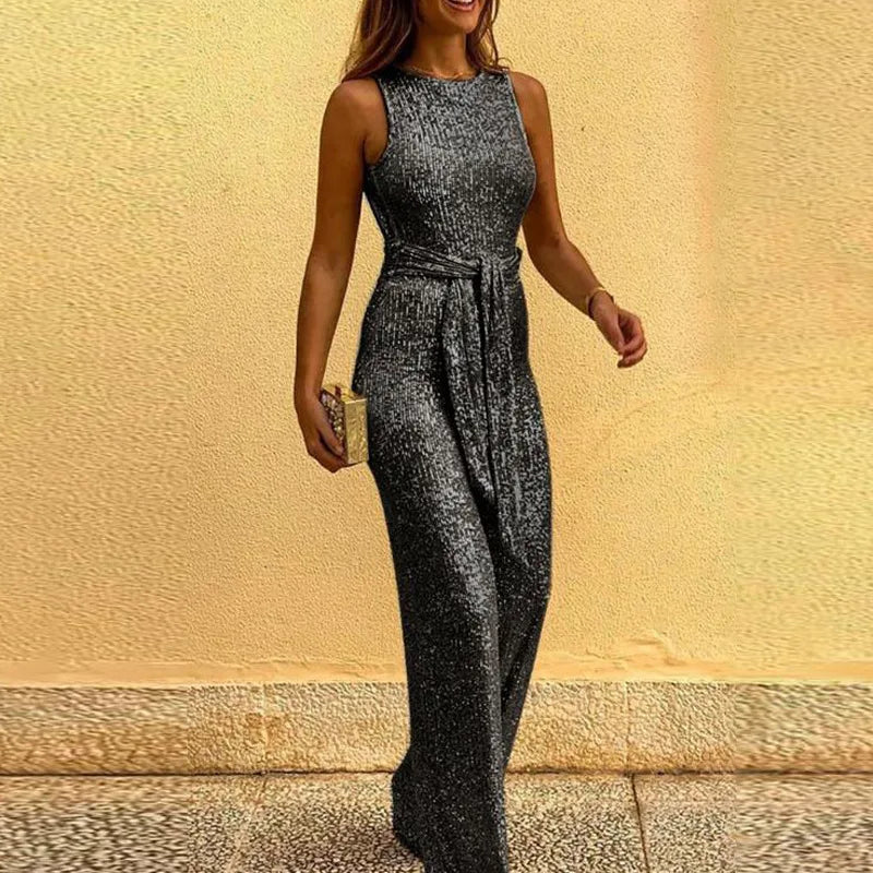 Elegantes Damen Abendkleid mit Pailletten & Taillengürtel – Ärmellos & Bodenlang