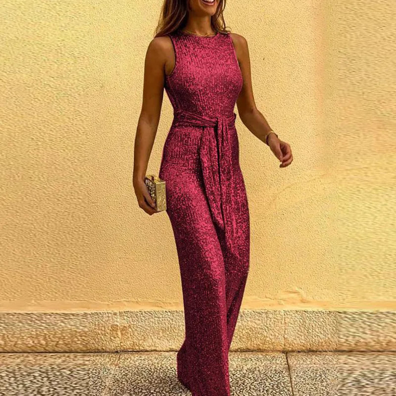 Elegantes Damen Abendkleid mit Pailletten & Taillengürtel – Ärmellos & Bodenlang