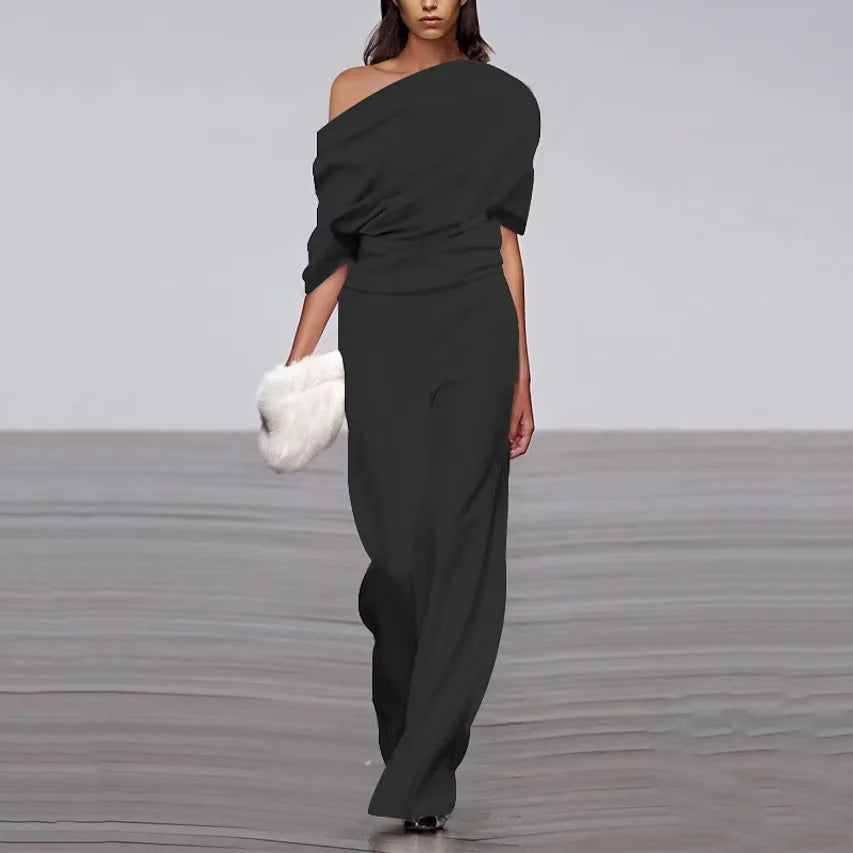 Eleganter Off-Shoulder Jumpsuit mit Drapierung – Luxus-Look für Events, Abendmode & Galas