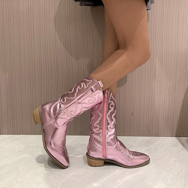 Damen Cowboy Boots mit Western-Stickerei & Blockabsatz – Glänzende Mid-Calf Stiefel für Festival, Street & Alltag