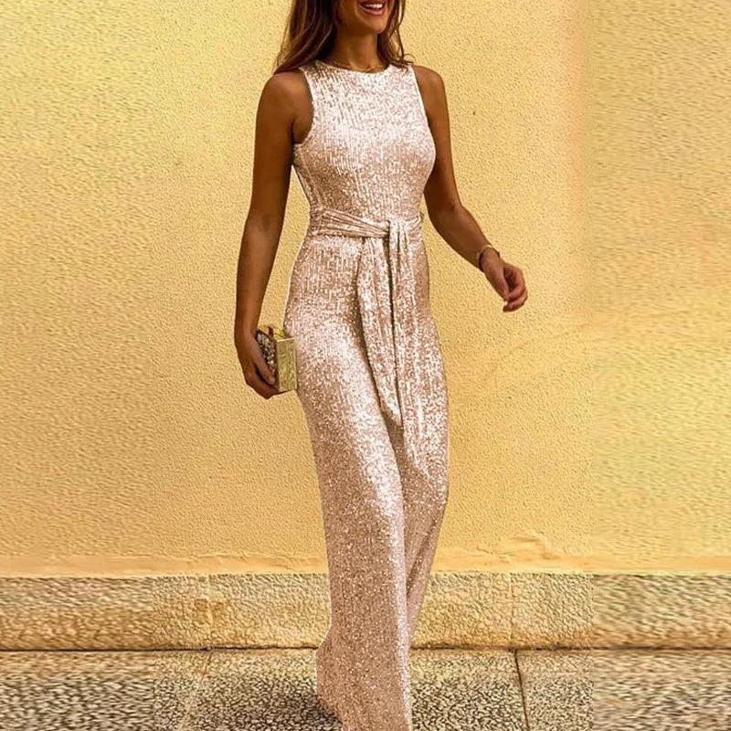 Elegantes Damen Abendkleid mit Pailletten & Taillengürtel – Ärmellos & Bodenlang