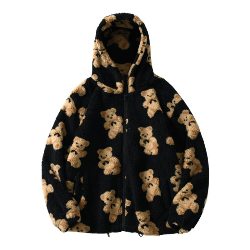 Harajuku Bär Teddy Druck Plüsch Jacke flauschige Kapuze Oberbekleidung
