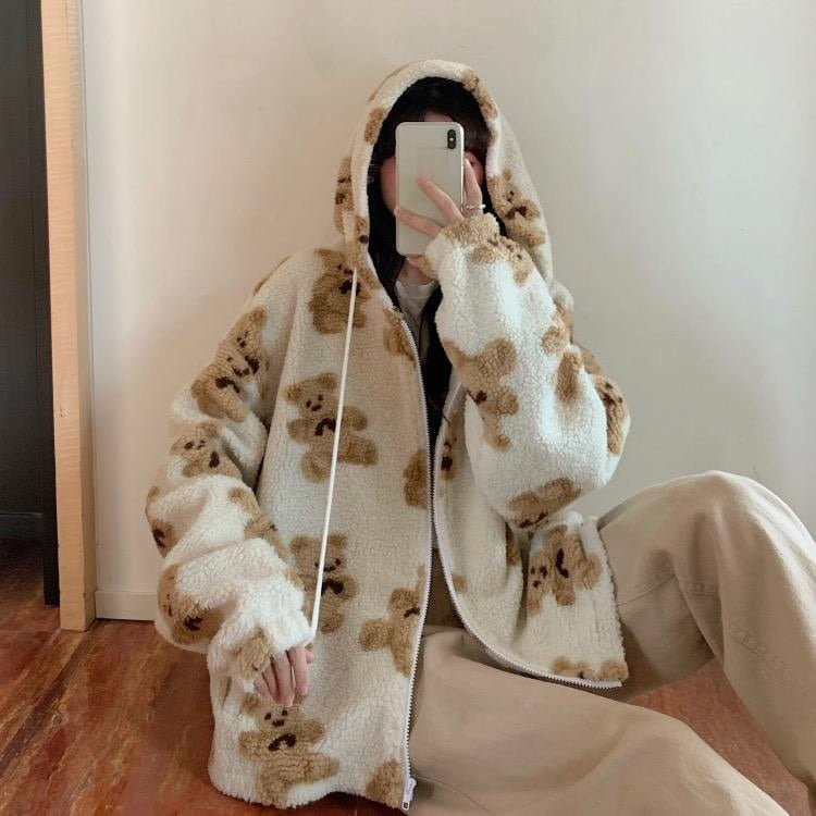 Harajuku Bär Teddy Druck Plüsch Jacke flauschige Kapuze Oberbekleidung