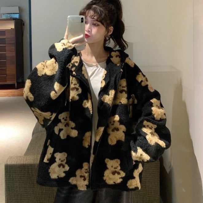 Harajuku Bär Teddy Druck Plüsch Jacke flauschige Kapuze Oberbekleidung