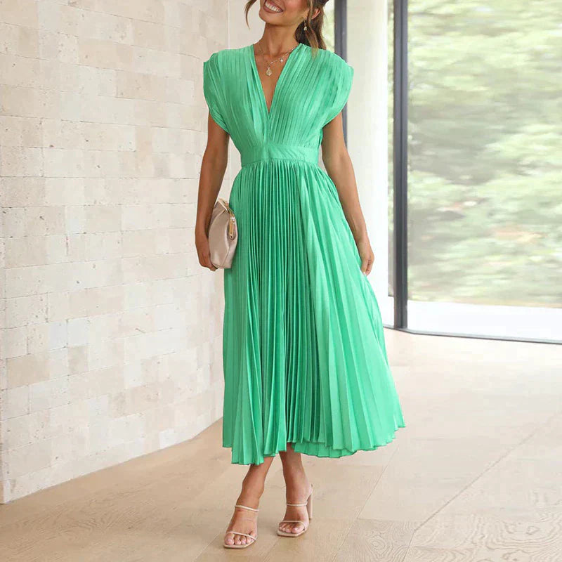 Plissiertes Midikleid mit tiefem V-Ausschnitt & Flügelärmeln – Eleganter Look für Hochzeit, Party & Sommer
