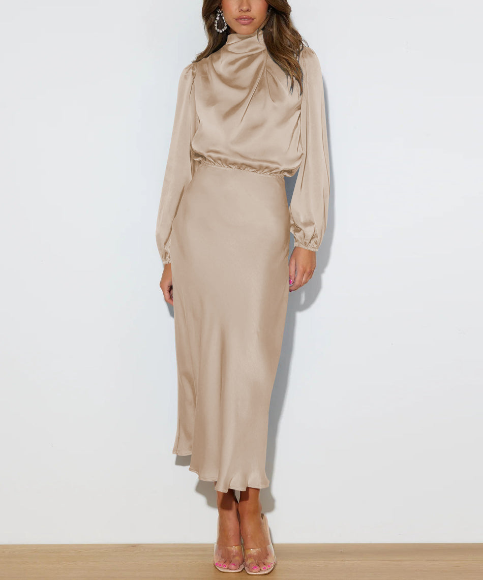 Elegantes Satin Midikleid mit Stehkragen – festliches Kleid mit langen Ärmeln