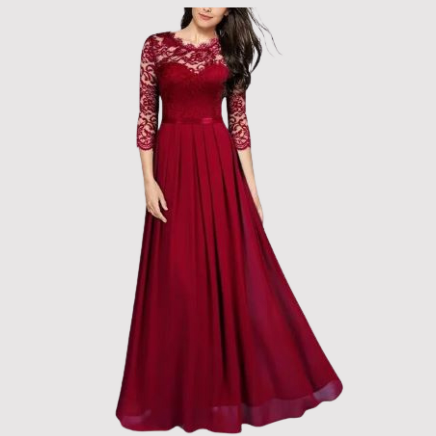 Elegantes Abendkleid Damen – Lang mit Spitze & 3/4 Ärmeln, Festlich & Bodenlang