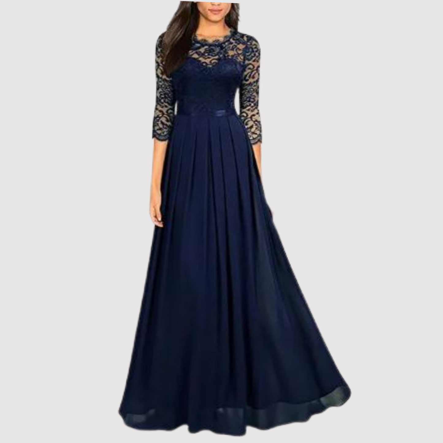 Elegantes Abendkleid Damen – Lang mit Spitze & 3/4 Ärmeln, Festlich & Bodenlang