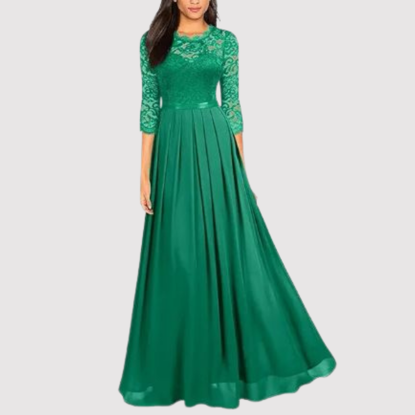 Elegantes Abendkleid Damen – Lang mit Spitze & 3/4 Ärmeln, Festlich & Bodenlang