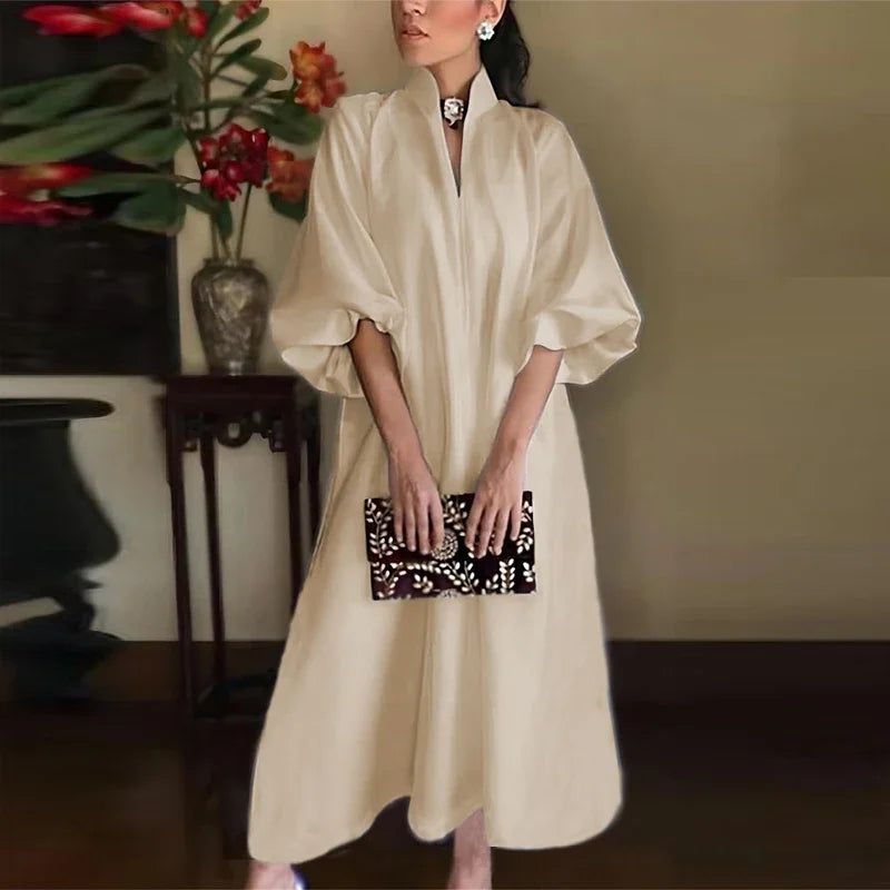 Elegantes Midi-Kleid mit Ballonärmeln & Stehkragen – Minimalistisch & Schick