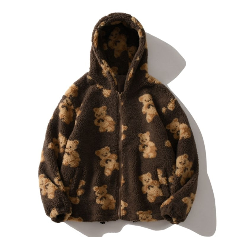 Harajuku Bär Teddy Druck Plüsch Jacke flauschige Kapuze Oberbekleidung