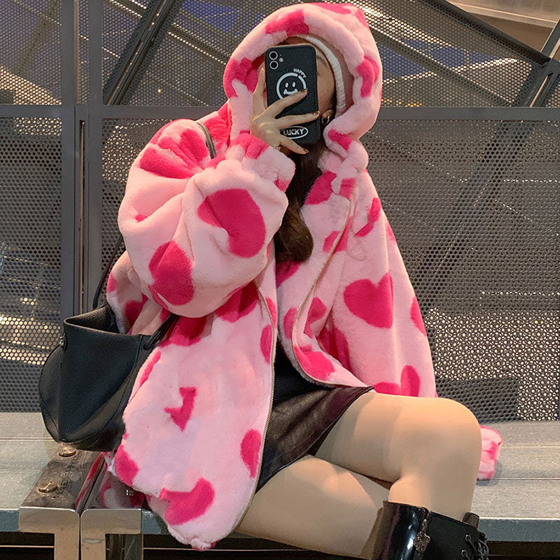 Harajuku Bär Teddy Druck Plüsch Jacke flauschige Kapuze Oberbekleidung