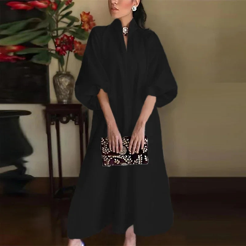 Elegantes Midi-Kleid mit Ballonärmeln & Stehkragen – Minimalistisch & Schick