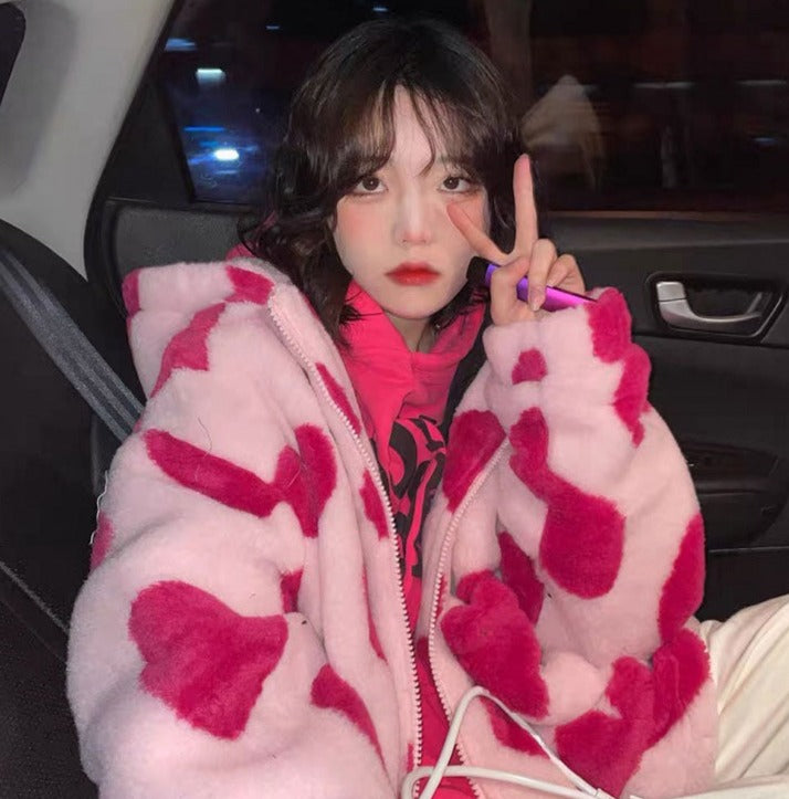 Harajuku Bär Teddy Druck Plüsch Jacke flauschige Kapuze Oberbekleidung