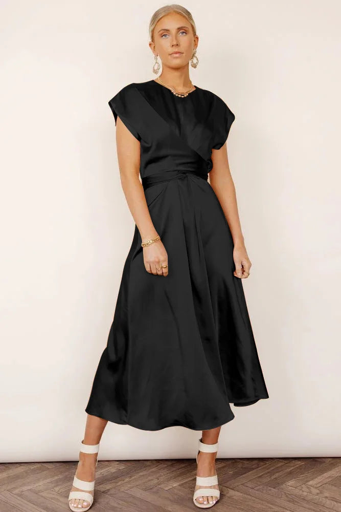Elegantes Satin Midikleid mit Wickeloptik und Fließendem Rock – Perfektes Outfit für Sommer-Events, Hochzeiten & Abendlooks
