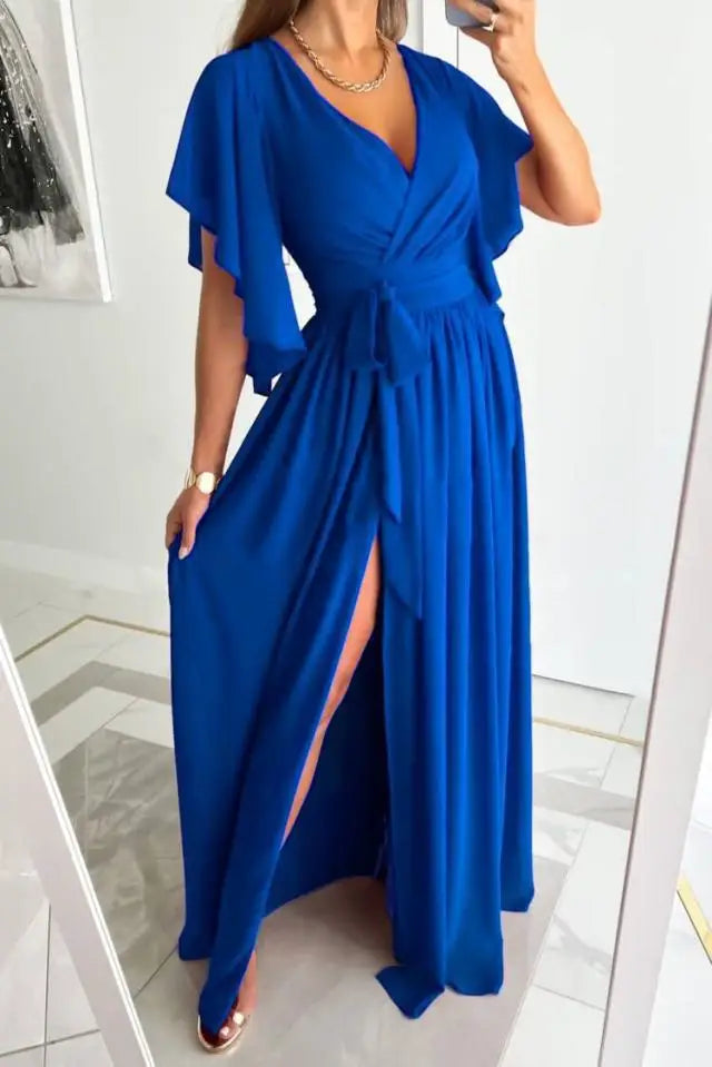 Elegantes Wickelkleid mit Schlitz für Damen – Maxikleid mit Taillengürtel, Flatterärmeln & V-Ausschnitt für Hochzeit & Event