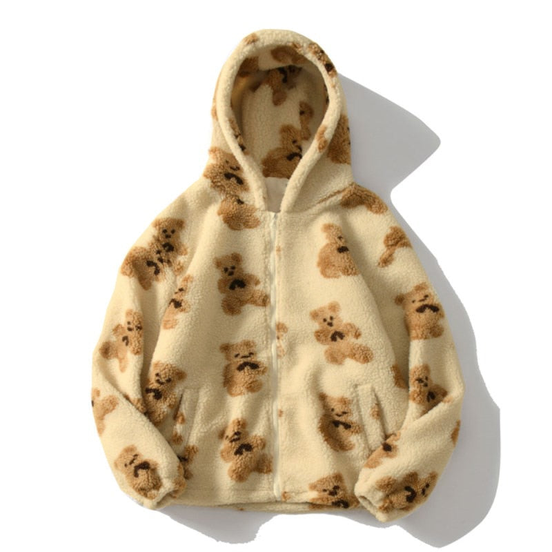Harajuku Bär Teddy Druck Plüsch Jacke flauschige Kapuze Oberbekleidung