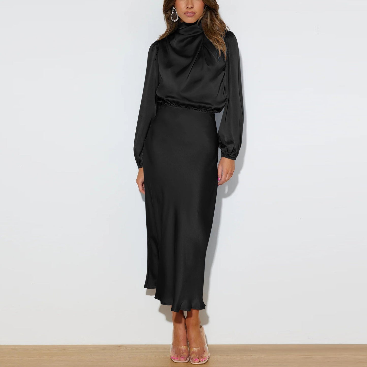 Elegantes Satin Midikleid mit Stehkragen – festliches Kleid mit langen Ärmeln