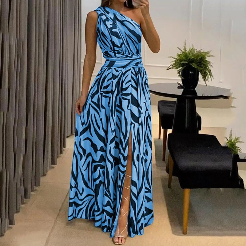 Elegantes One-Shoulder Maxikleid mit Zebra-Print & Beinschlitz – Für besondere Anlässe
