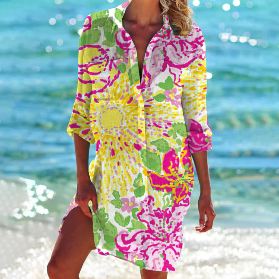 Luftiges Strandkleid mit maritimem Print und Hemdkragen – Perfekt als Strandtunika oder Badeüberwurf für Sommer & Urlaub