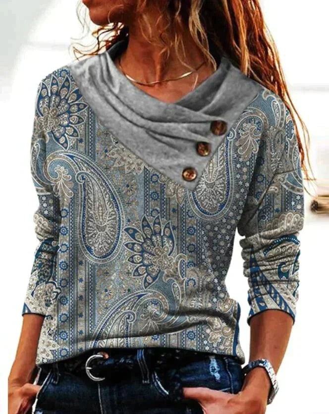 Damen Langarm‑Pullover mit Boho‑Paisley‑Muster und Schalkragen