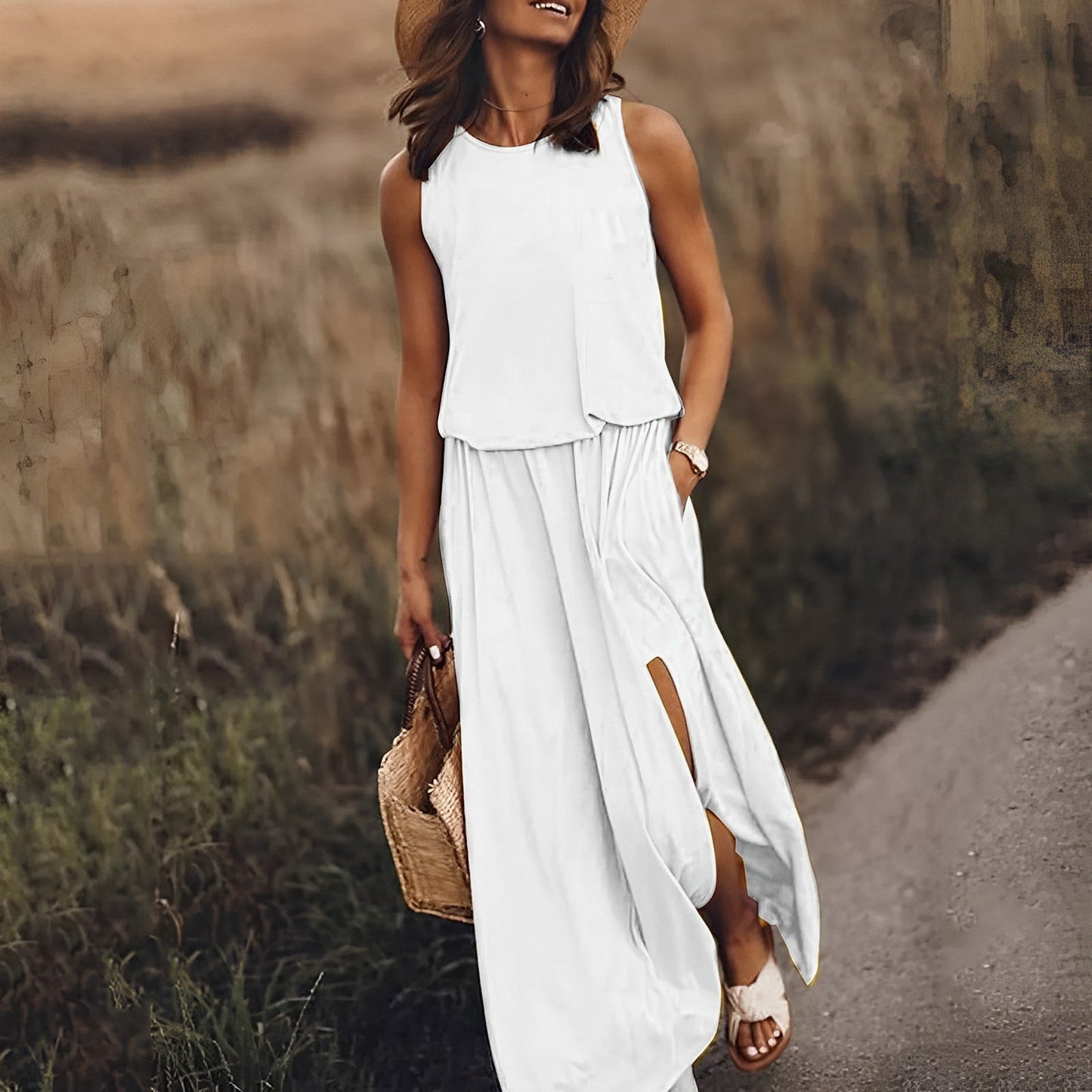 Ärmelloses Maxikleid mit Schlitz & Taillenstretch – Sommer Boho-Look