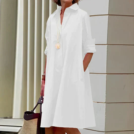 Lässiges Hemdblusenkleid mit floralen Akzenten und Taschen – A-Linien Sommerkleid für Alltag, Urlaub & Büro